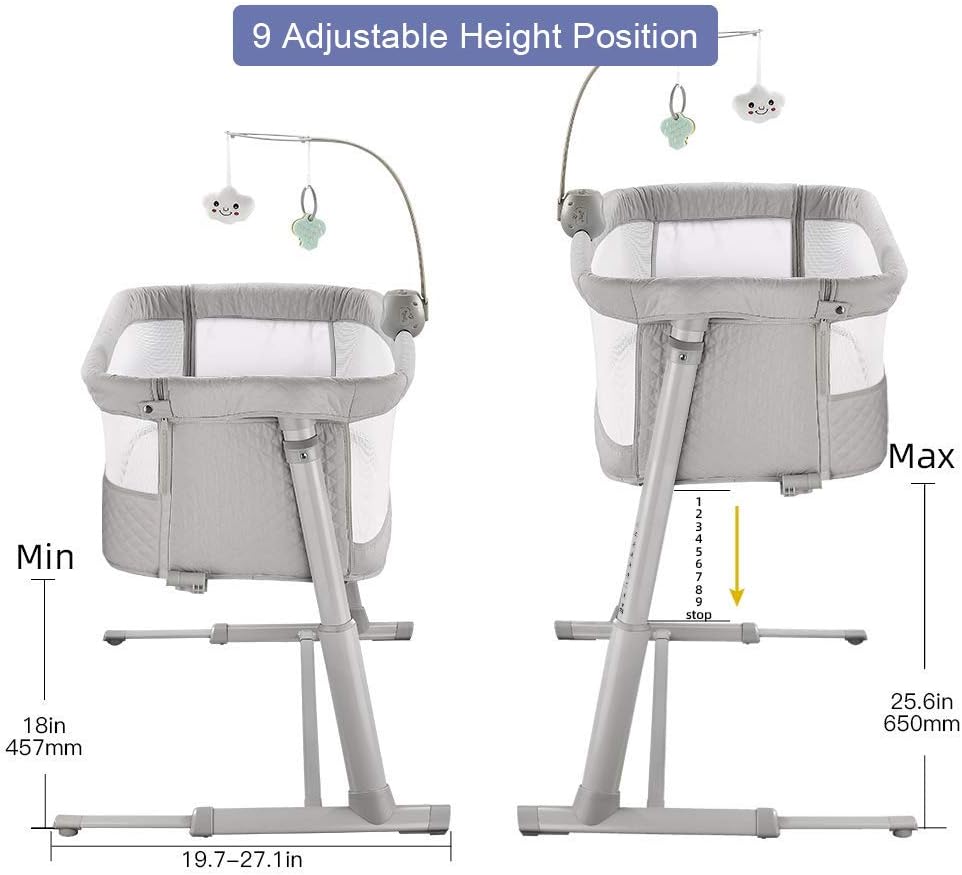 Baby Bedside Baby Bassinet, Best Bed Cribs for Infant Newborn, Portable Sleeper for Safer Co-Sleeping, Bed Crib Plus Hanging Figurine, Music, and Built-in Wheels - Girl Boy Unisex