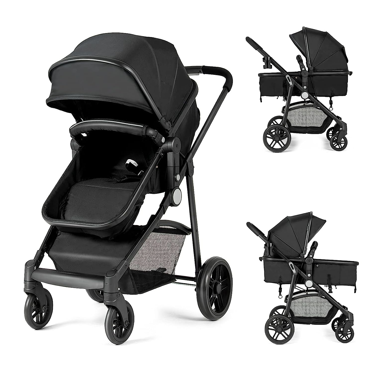 Baby Stroller, High Landscape Convertible Infant Bassinet Stroller, Adjustable Canopy & Backrest, Storage Basket, Cup Holder, Foldable Newborn Carriage Pram Stroller Pink)