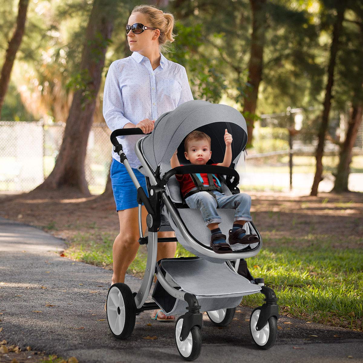 Baby Stroller, High Landscape Convertible Infant Bassinet Stroller, Adjustable Canopy & Backrest, Storage Basket, Foot Cover, Foldable Newborn Carriage Pram Stroller (Gray)