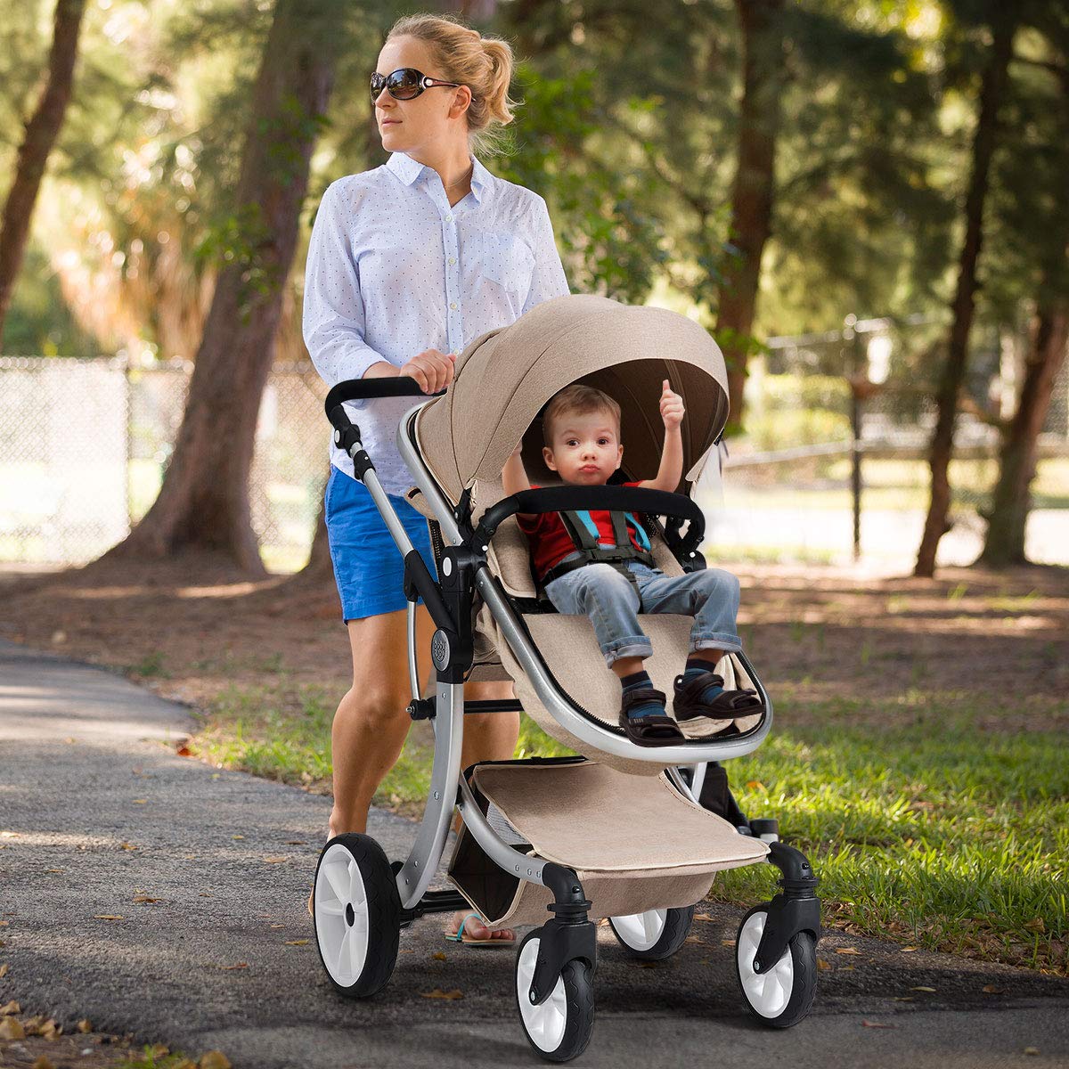 Baby Stroller, High Landscape Convertible Infant Bassinet Stroller, Adjustable Canopy & Backrest, Storage Basket, Foot Cover, Foldable Newborn Carriage Pram Stroller (Gray)