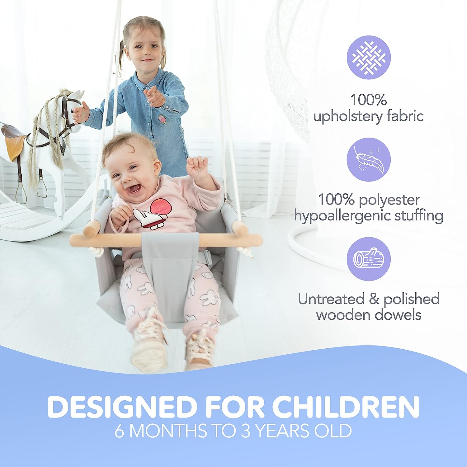 Canvas Baby Swing, Wooden Hanging Swing Seat Chair with Safety Belt, Durable Baby Hammock Chair, Outdoor and Indoor Swing for Kids, Mounting Hardware Included, Ivory