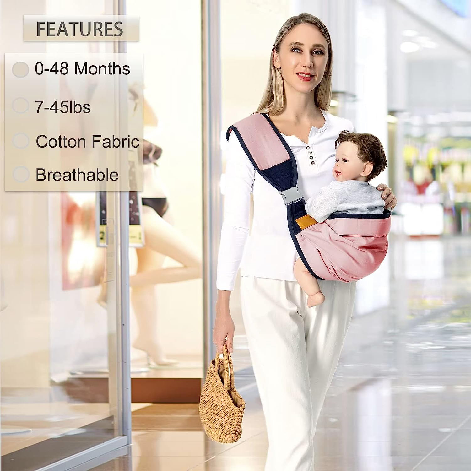 Baby Sling Carrier Newborn to Toddler, Lightweight Baby Carrier Sling, Baby Wrap Sling, Baby Hip Seat Carrier for Toddler Sling, Baby Holder Carrier, Nursing Sling, Carrying 7-45 lbs, Grey
