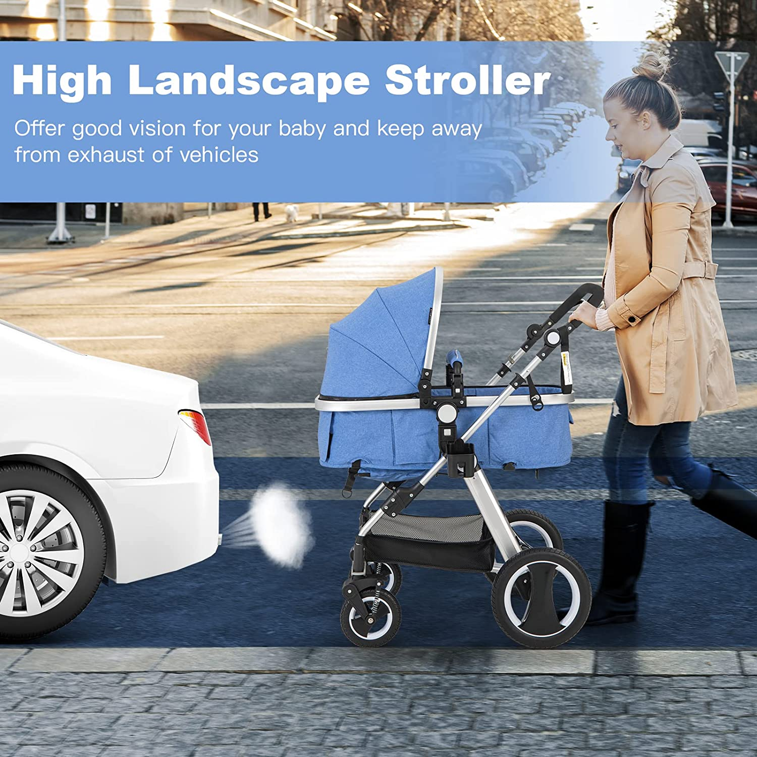 Baby Stroller for Newborn, 2 in 1 High Landscape Infant Stroller & Convertible Bassinet Pram, Adjustable Backrest & Canopy, Cup Holder, Storage Basket, Foldable Pushchair w/Foot Cover (Blue)