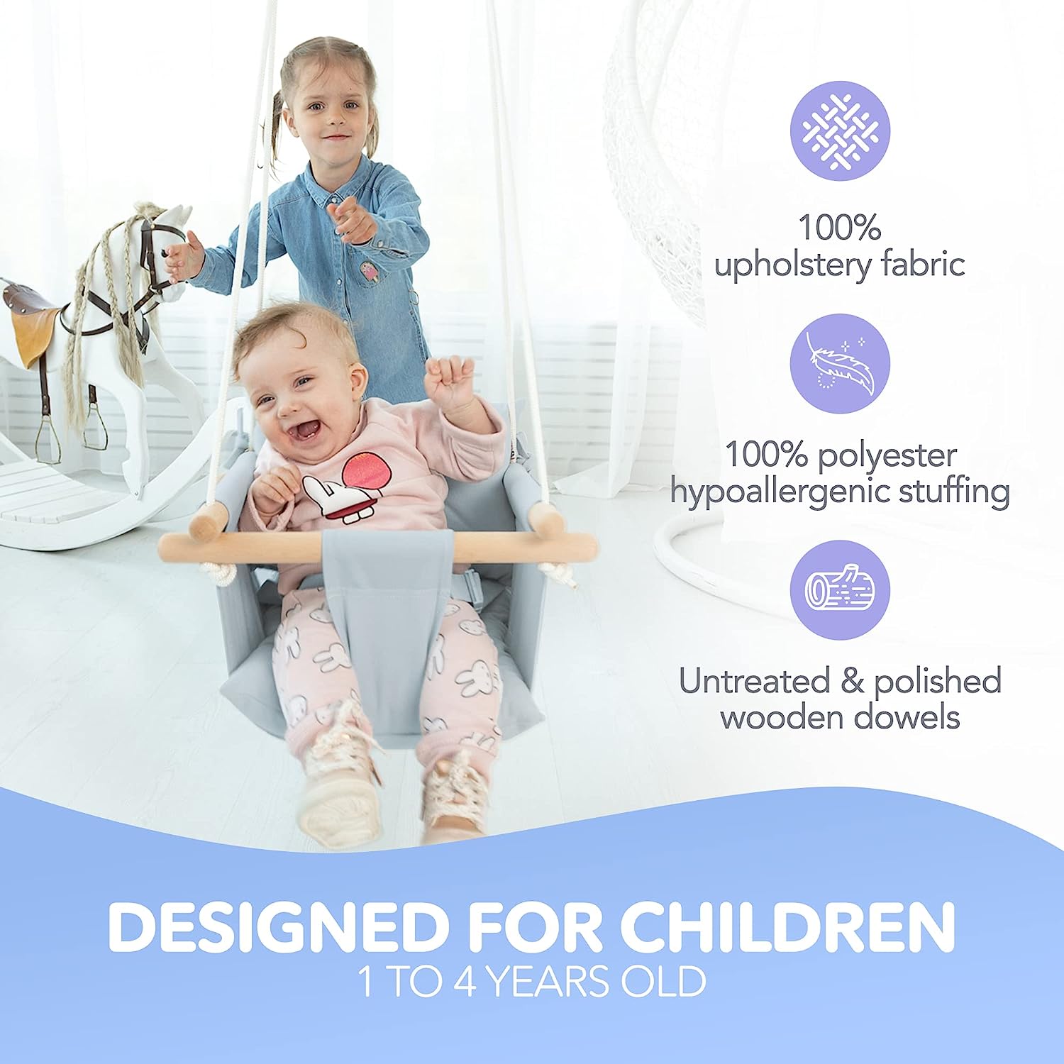 Canvas Baby Swing, Wooden Hanging Swing Seat Chair with Safety Belt, Durable Baby Hammock Chair, Outdoor and Indoor Swing for Kids, Mounting Hardware Included, Ivory