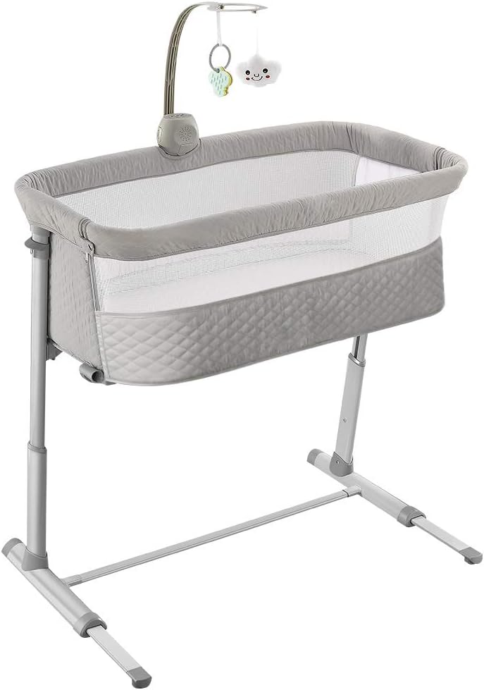 Baby Bedside Baby Bassinet, Best Bed Cribs for Infant Newborn, Portable Sleeper for Safer Co-Sleeping, Bed Crib Plus Hanging Figurine, Music, and Built-in Wheels - Girl Boy Unisex