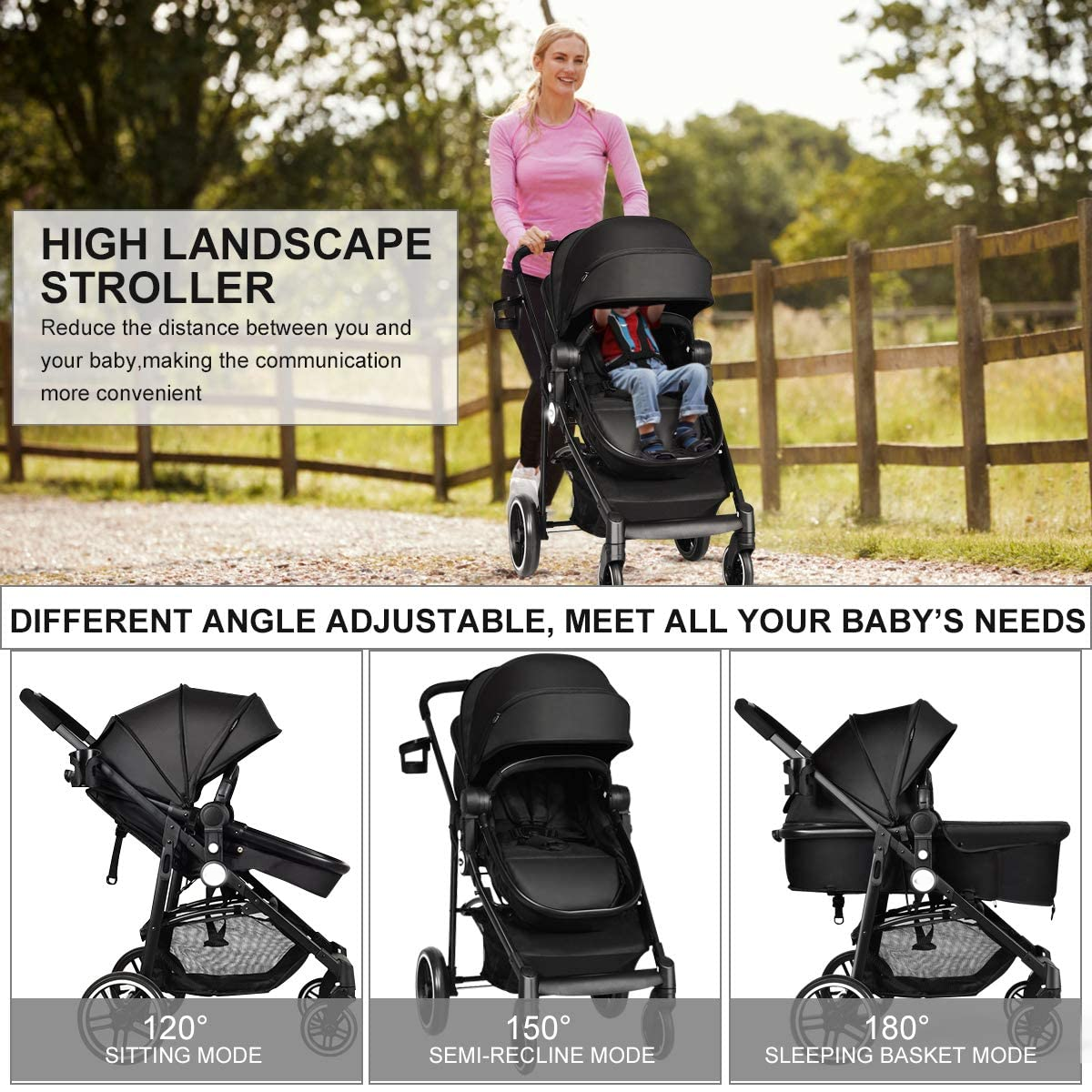 Baby Stroller, High Landscape Infant Stroller and Reversible Bassinet Pram, Foldable Pushchair with Adjustable Canopy, Cup Holder, Storage Basket, Suspension Wheels (Black)