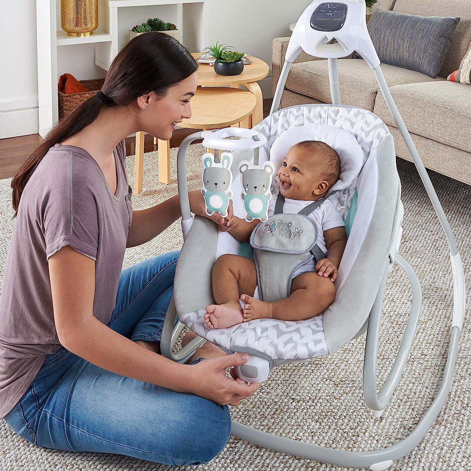 Lightweight Compact 6-Speed Multi-Direction Baby Swing, Vibrations & Nature Sounds, 0-9 Months 6-20 lbs (Pink Cassidy)