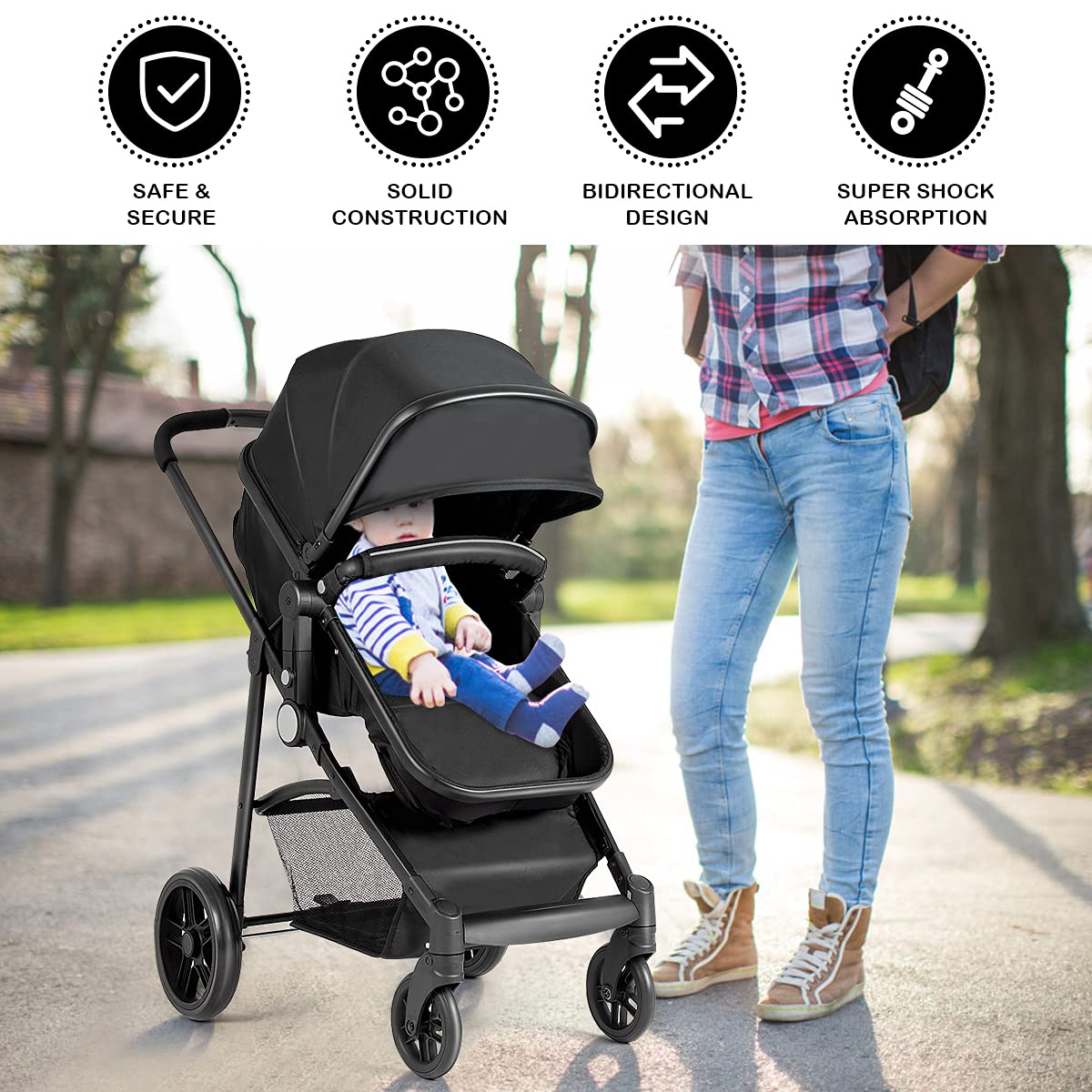 Baby Stroller, High Landscape Convertible Infant Bassinet Stroller, Adjustable Canopy & Backrest, Storage Basket, Cup Holder, Foldable Newborn Carriage Pram Stroller Pink)