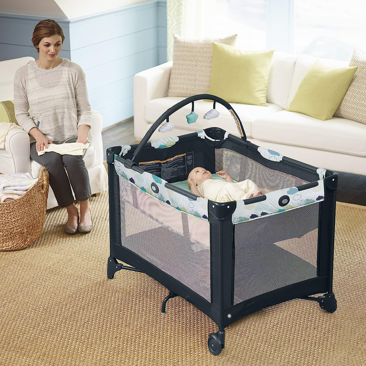 Pack and Play Portable Playard, Push Button Compact Fold, Carnival
