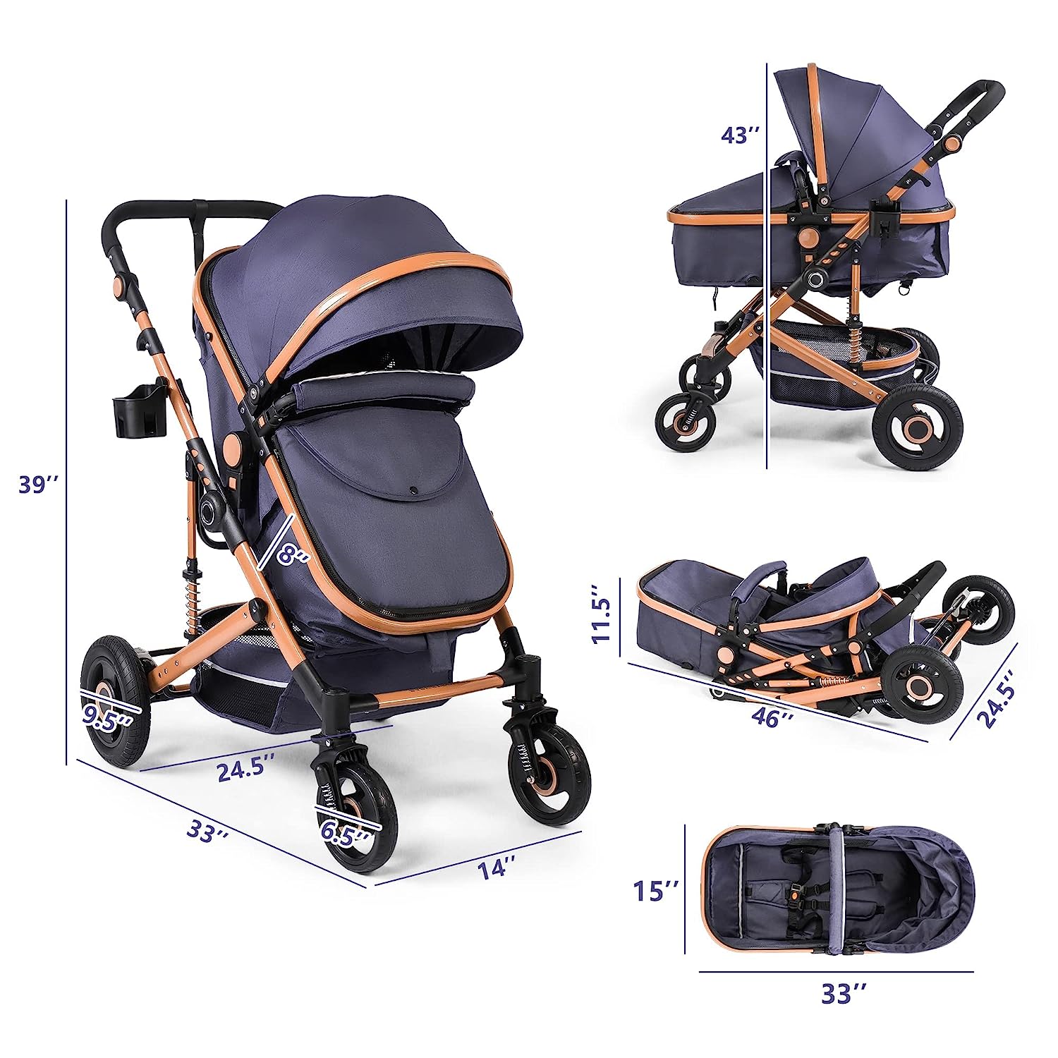 Baby Stroller, High Landscape Infant Stroller, Newborn Reversible Bassinet Pram, Foldable Pushchair with Foot Cover, Cup Holder, Net, Safety Wrist Strap (Celadon)