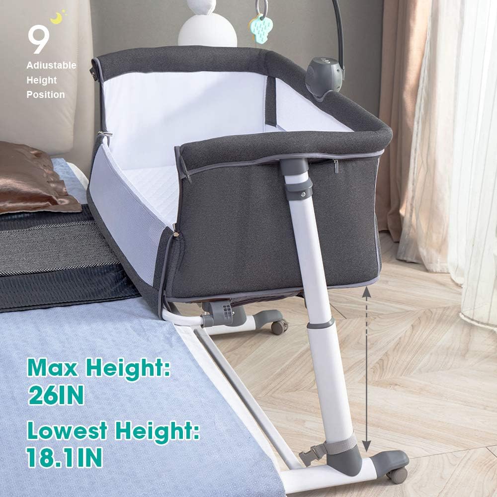 Baby Bedside Baby Bassinet, Best Bed Cribs for Infant Newborn, Portable Sleeper for Safer Co-Sleeping, Bed Crib Plus Hanging Figurine, Music, and Built-in Wheels - Girl Boy Unisex