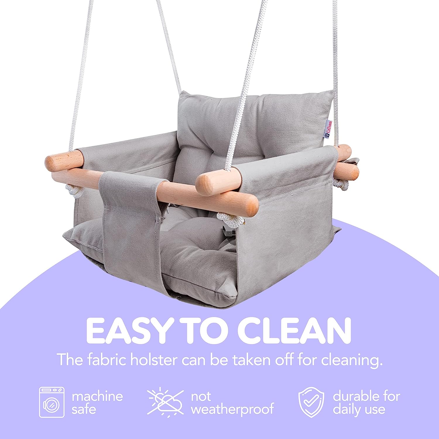 Canvas Baby Swing, Wooden Hanging Swing Seat Chair with Safety Belt, Durable Baby Hammock Chair, Outdoor and Indoor Swing for Kids, Mounting Hardware Included, Ivory