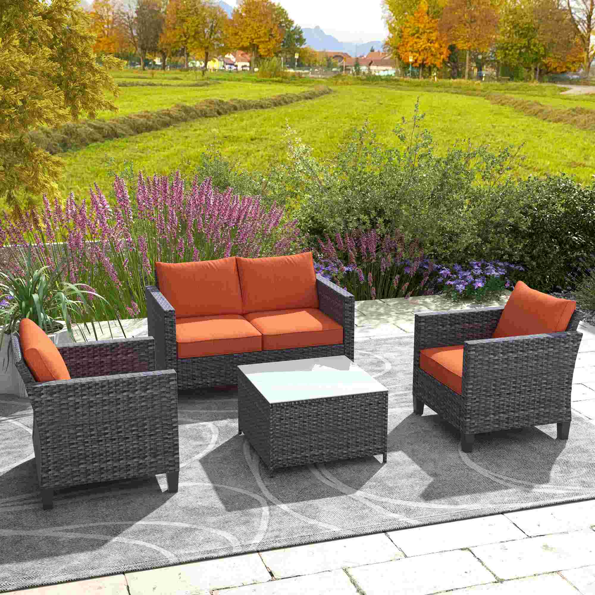 Ovios Patio Furniture Set New Vultros 4 Piece High Back Sectional Sofa with Cushions