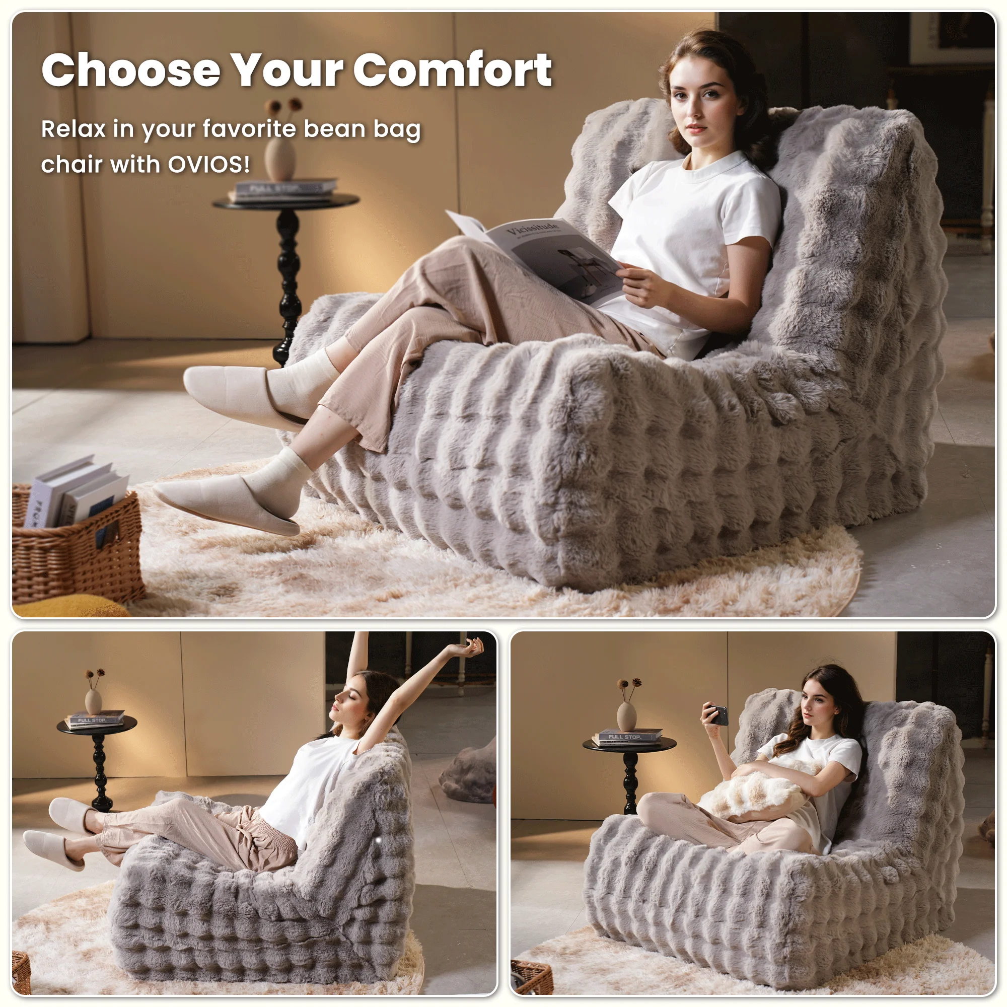 OVIOS Luxurious Fluffy Faux Fur Bean Bag Couch