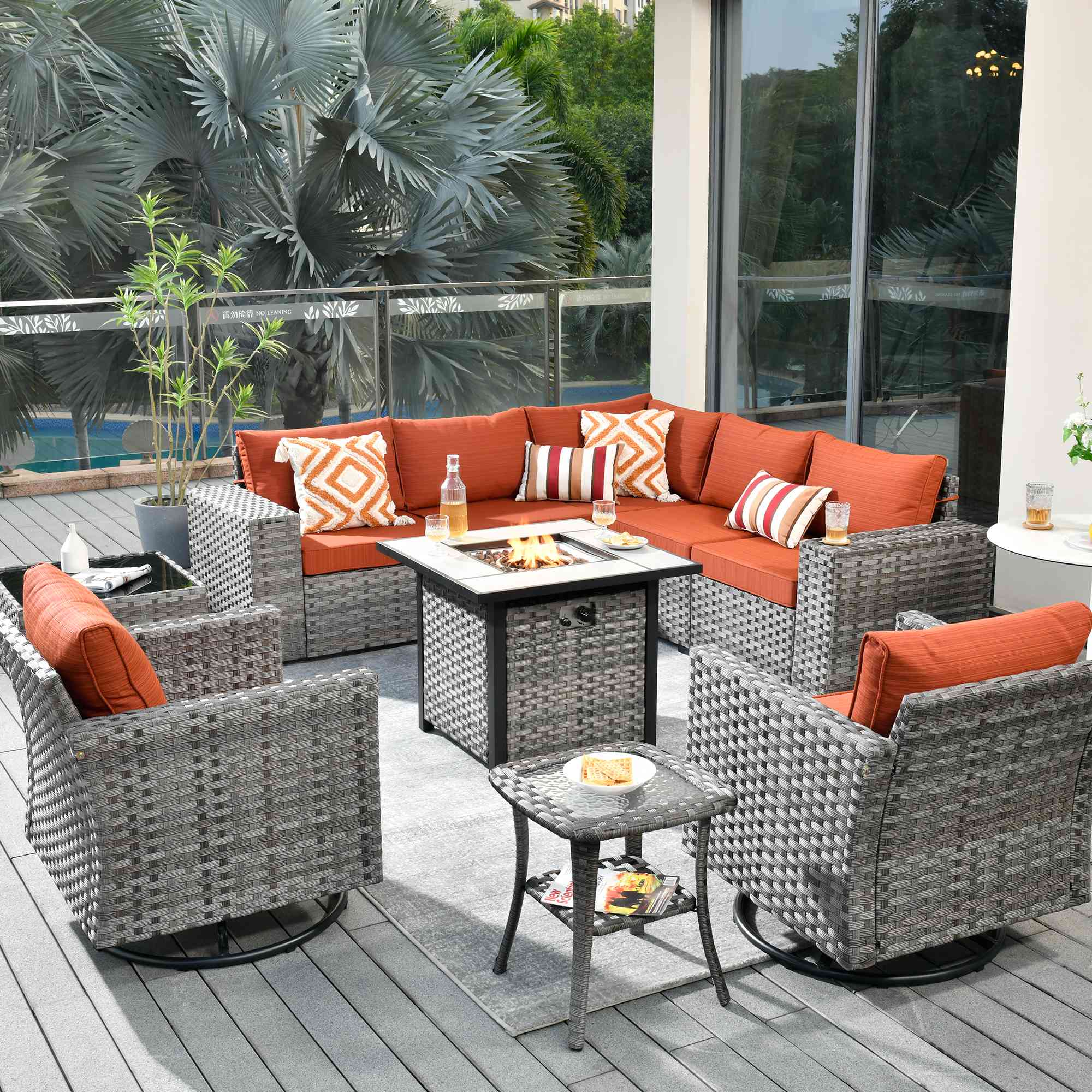 Ovios 10 Pieces Patio Furniture with 7.68'' Handrails and 30'' Fire Pit Table Rocking Chair
