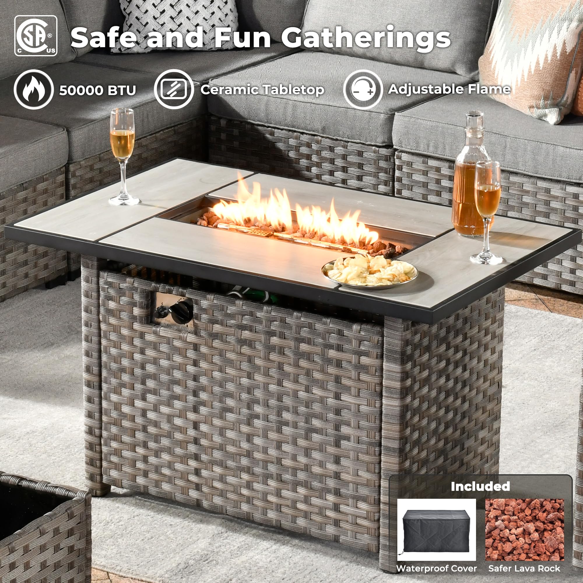 Ovios 13 Pieces Outdoor Furniture with 7.68'' Broad Handrails and Rectangle 42.12'' Fire Pit Table