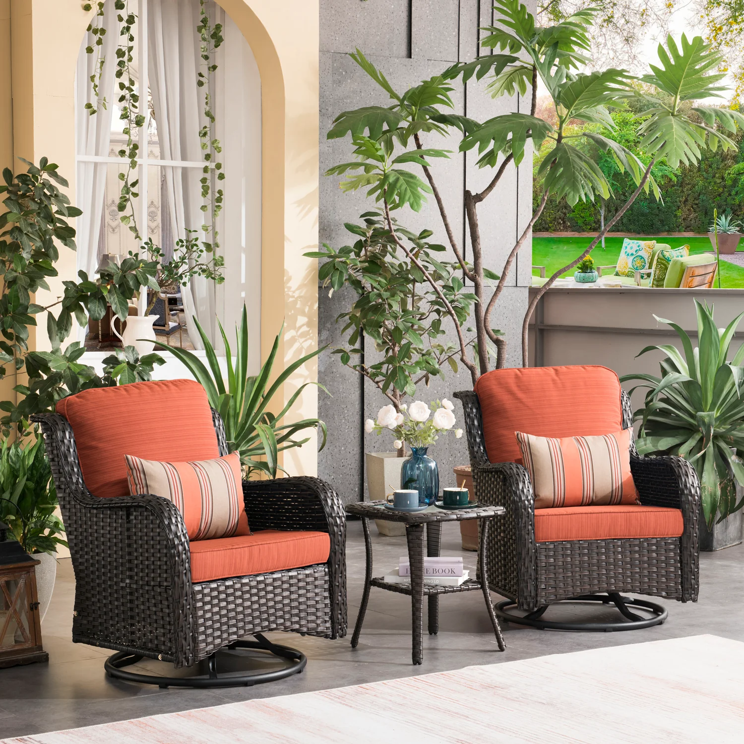 Ovios Patio Furniture Set 3-Piece with Swivel Chairs and Side Table Kenard