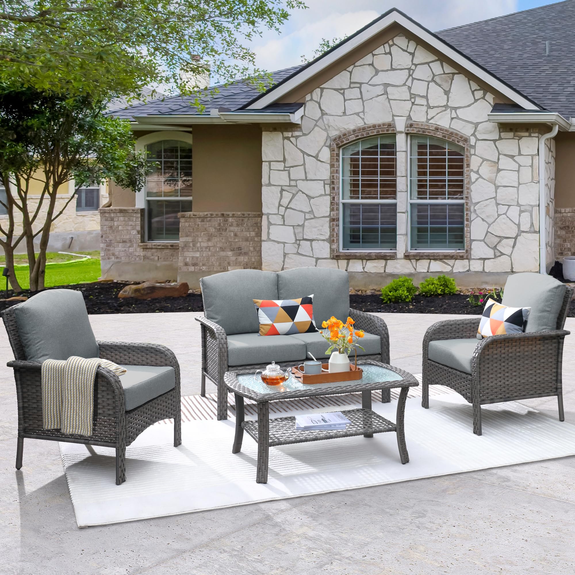 Ovios Patio Furniture Set New August 4 Piece High Back All Weather PE Wicker
