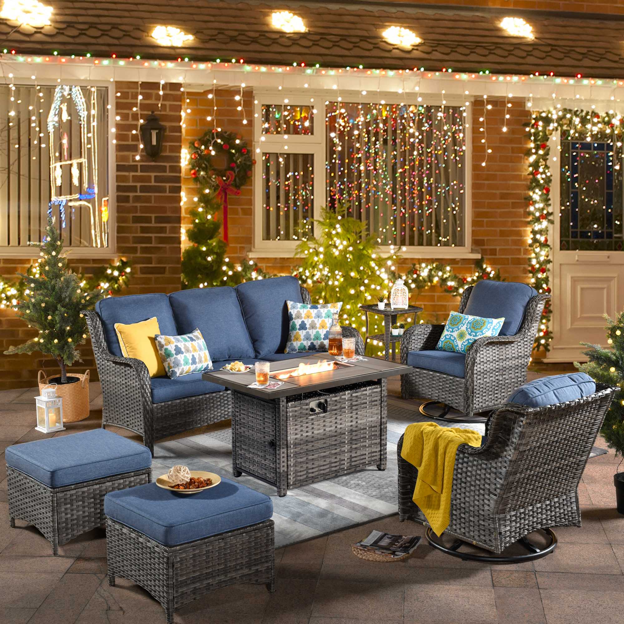 Ovios Patio 7-Piece Conversation Set with 42'' Rectangle Propane Fire Pit Table and Rocking Chairs Kenard