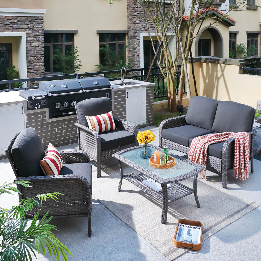Ovios Patio Furniture Set New August 4 Piece High Back All Weather PE Wicker