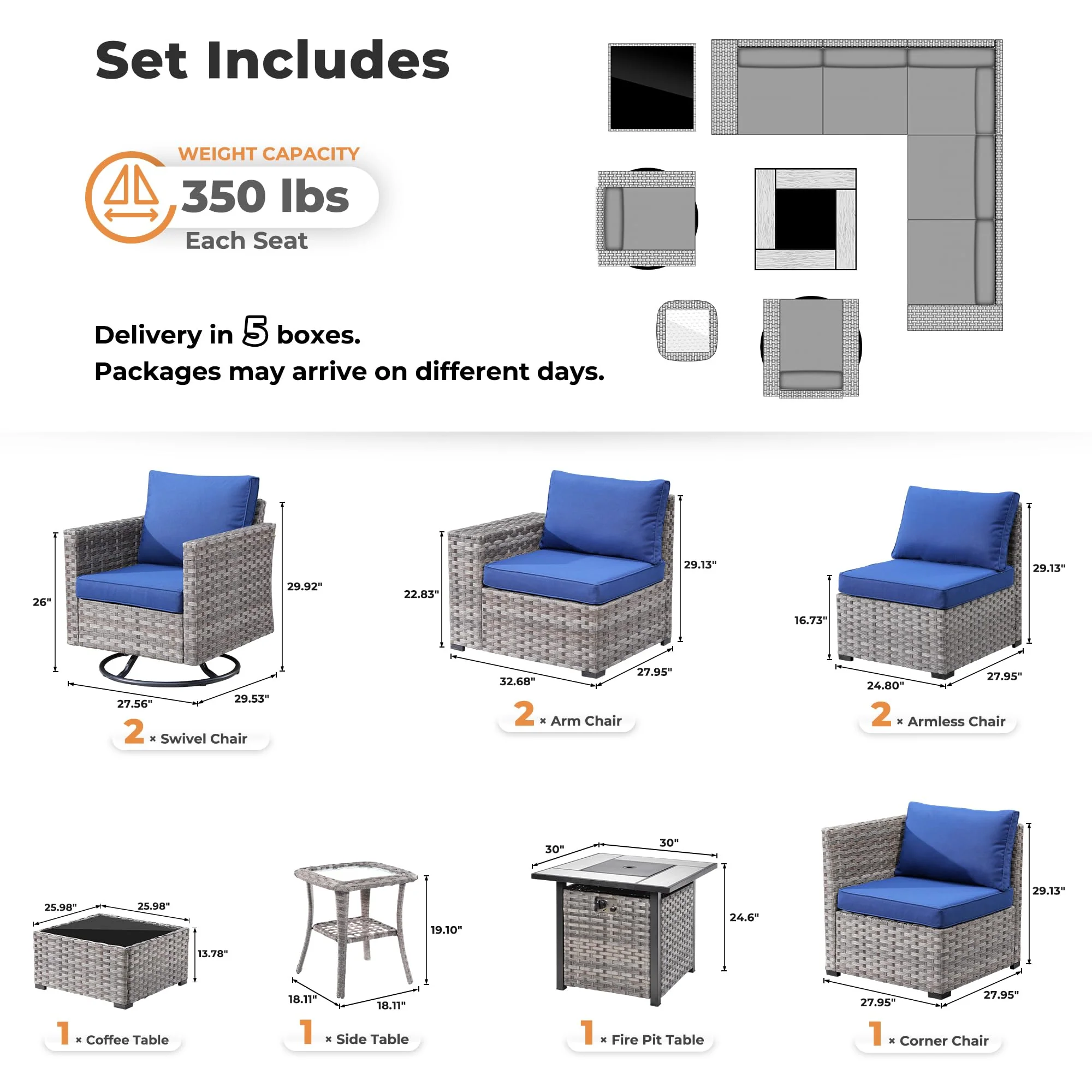 Ovios 10 Pieces Patio Furniture with 7.68'' Handrails and 30'' Fire Pit Table Rocking Chair