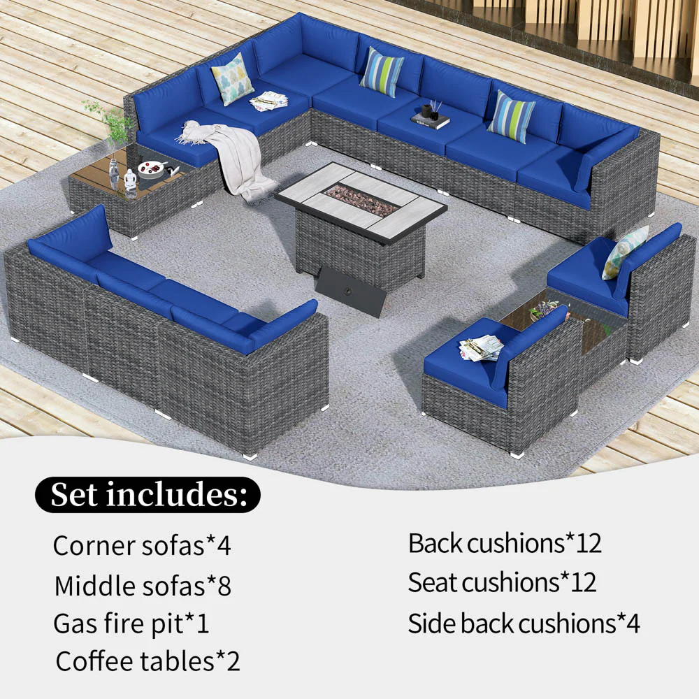 Ovios Patio Furniture Set 15-Piece with 42.12'' Fire Pit and Glass Table