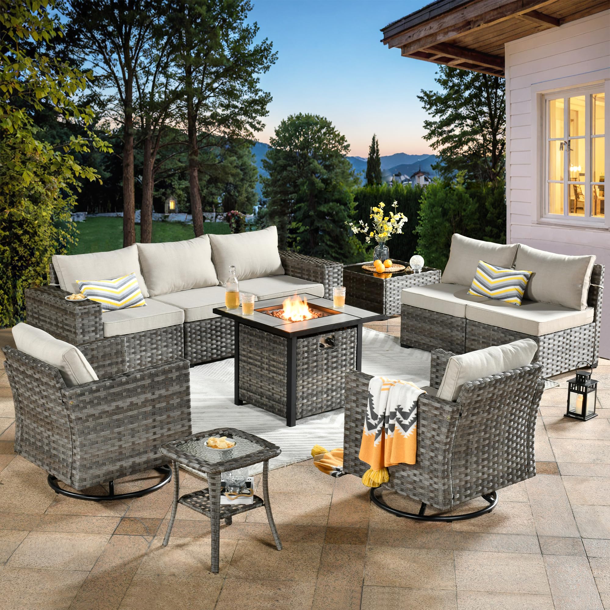 Ovios 10 Pieces Patio Furniture with 7.68'' Handrails and 30'' Fire Pit Table Rocking Chair