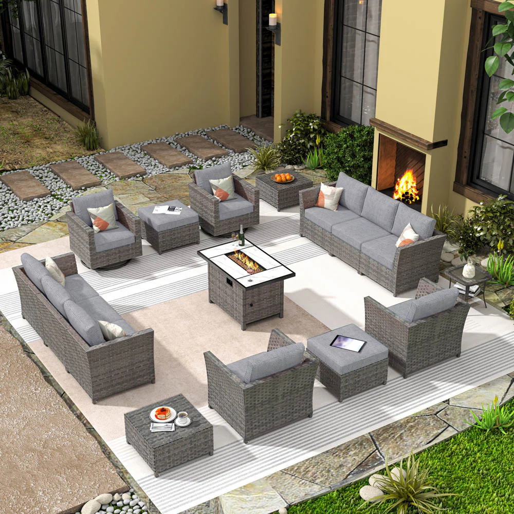 Ovios New Rimaru Series Patio Furniture Set 15-Piece include Swivel Chairs and 42