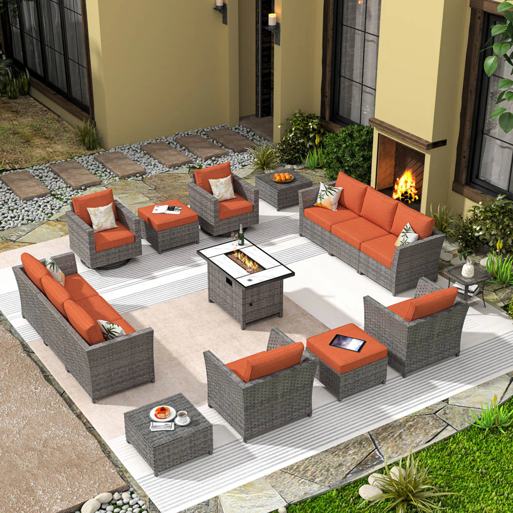 Ovios New Rimaru Series Patio Furniture Set 15-Piece include Swivel Chairs and 42