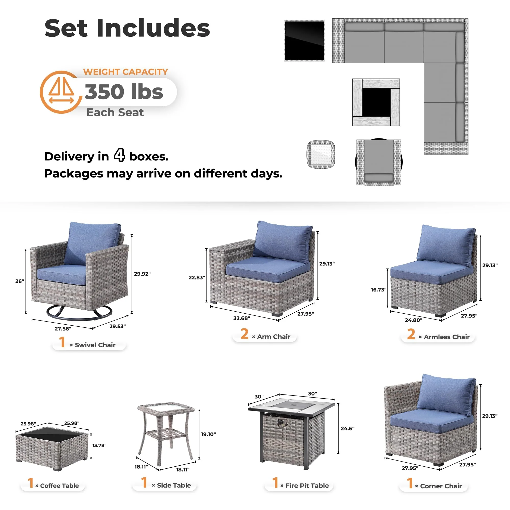 Ovios 9 Pieces Patio Furniture Set, Outdoor Sectional Sofa with Swivel Rocking Chair, 30
