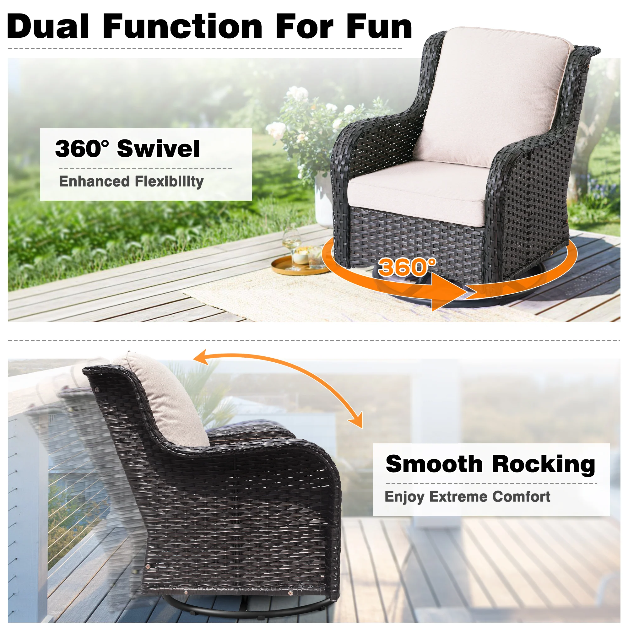Ovios Patio Furniture Set 3-Piece with Swivel Chairs and Side Table Kenard