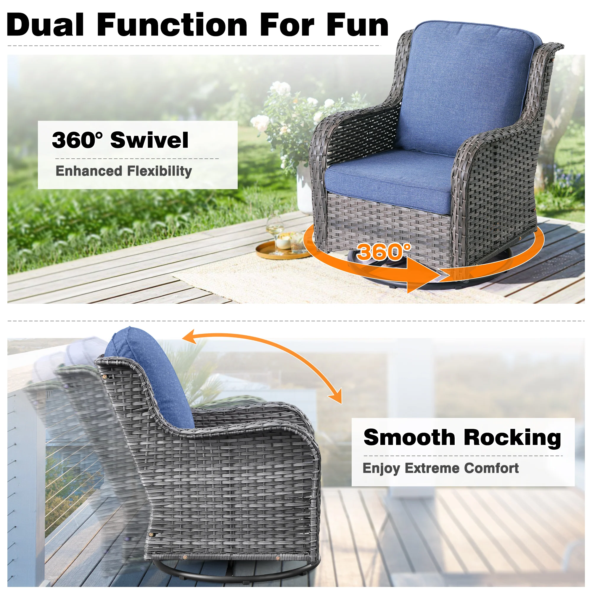 Ovios Patio Furniture Set 3-Piece with Swivel Chairs and Side Table Kenard