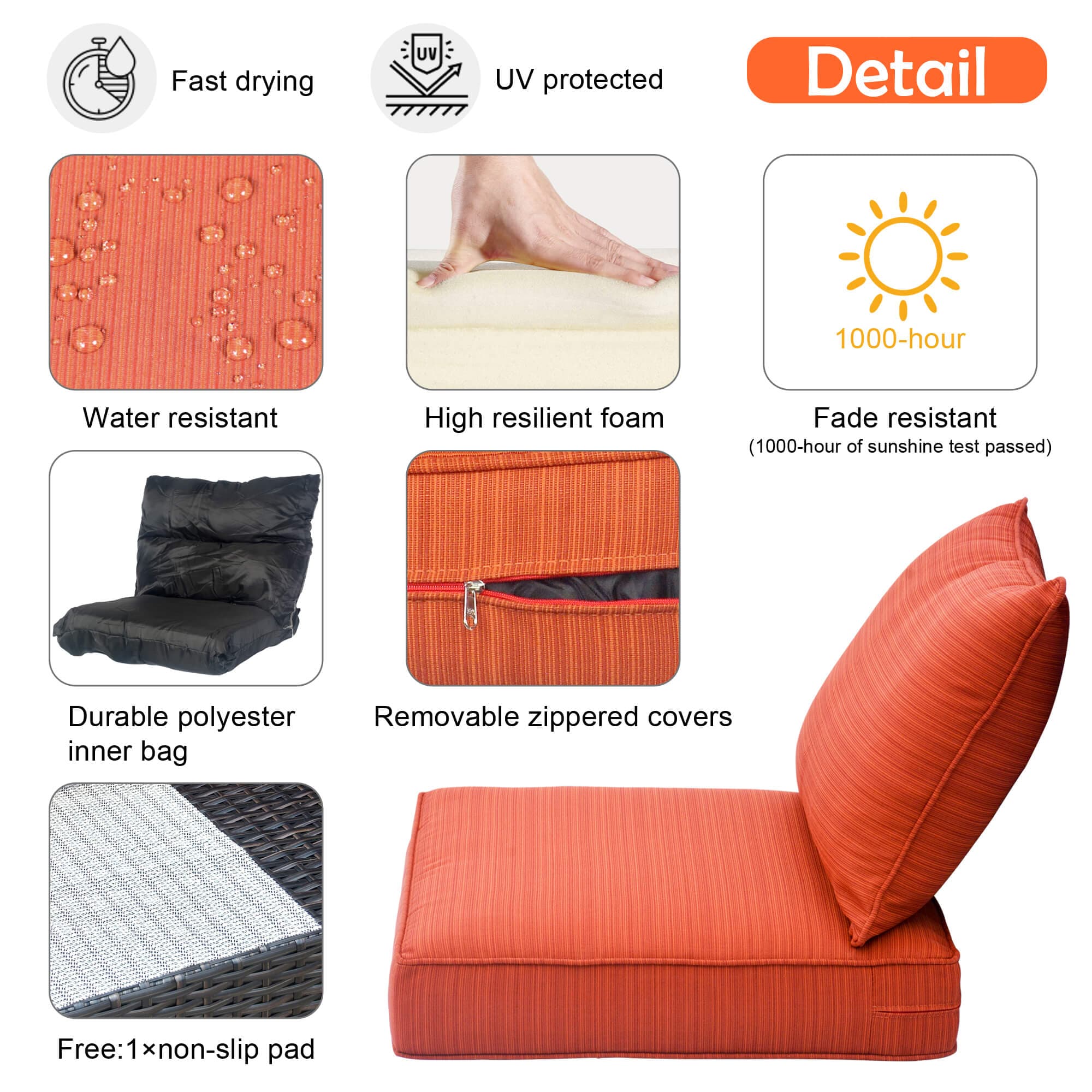 Ovios Replacement Seat Back Cushions Set with Olefin Fabric and Zipper, 24'' x 24'', Not Suitable for Ovios Patio Furniture