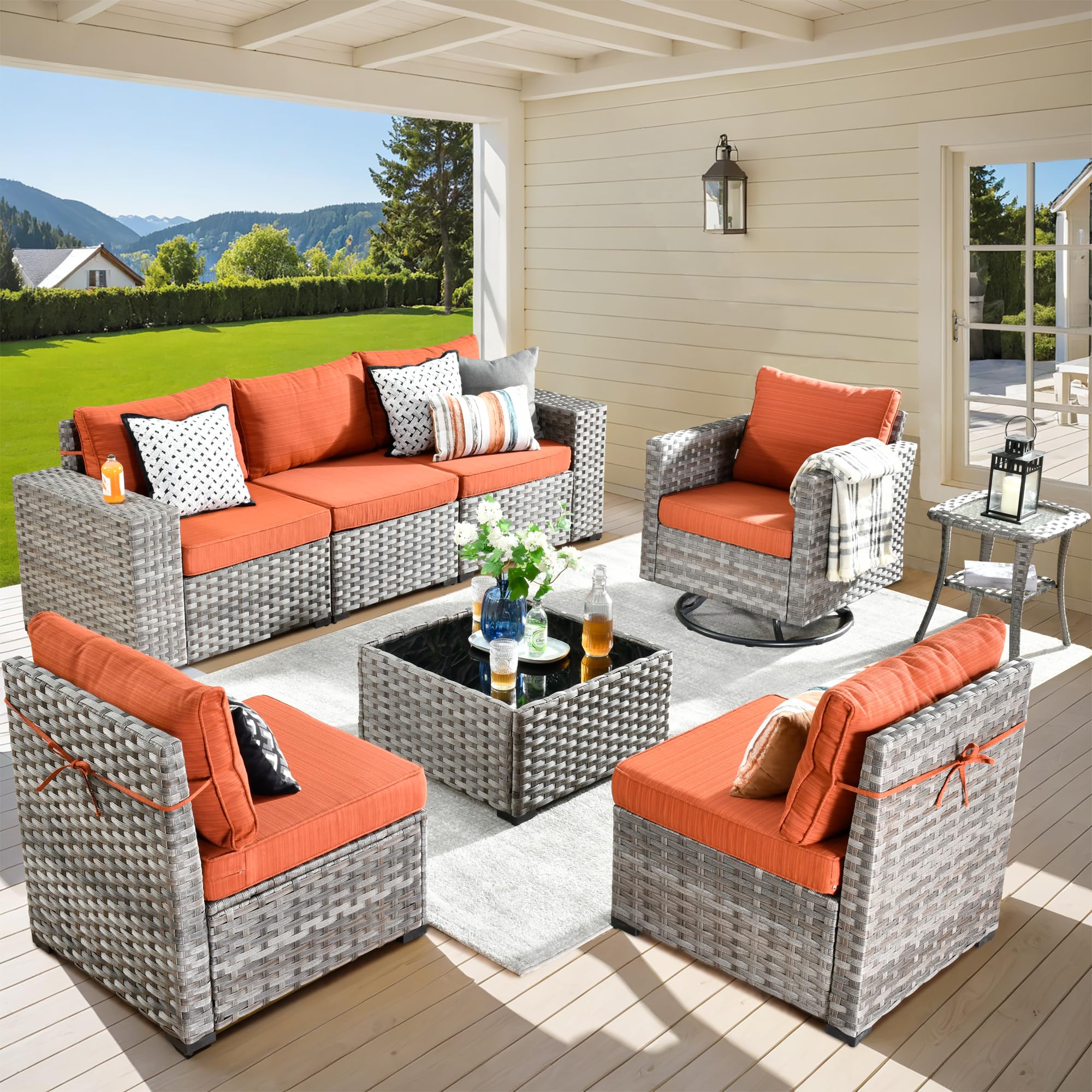 Ovios 8 Pieces Patio Furniture Set, Outdoor Sectional Sofa with Swivel Rocking Chair