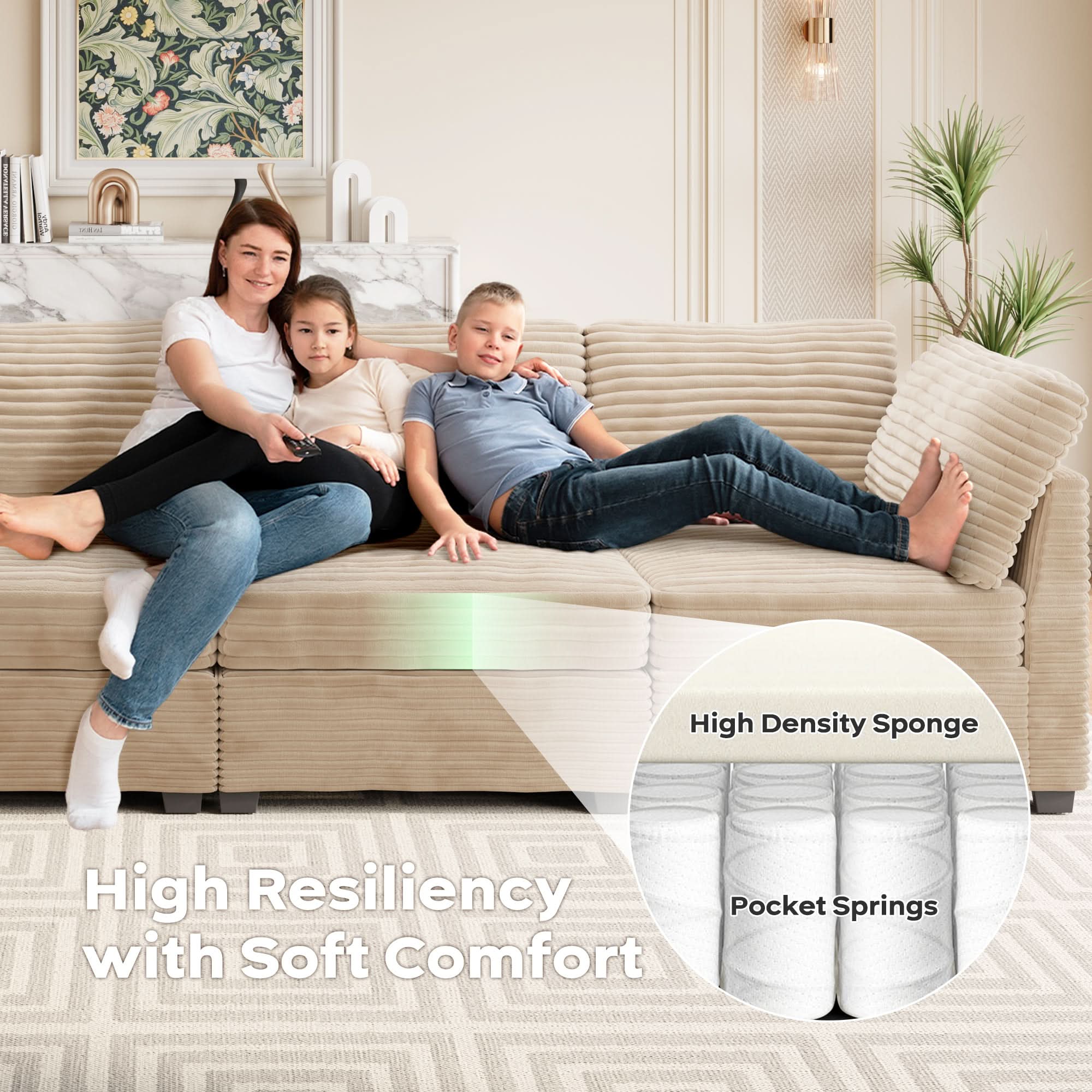 Ovios Living Room Modular Couch Corner Chair, 1 Wale Plush Corduroy Fabric