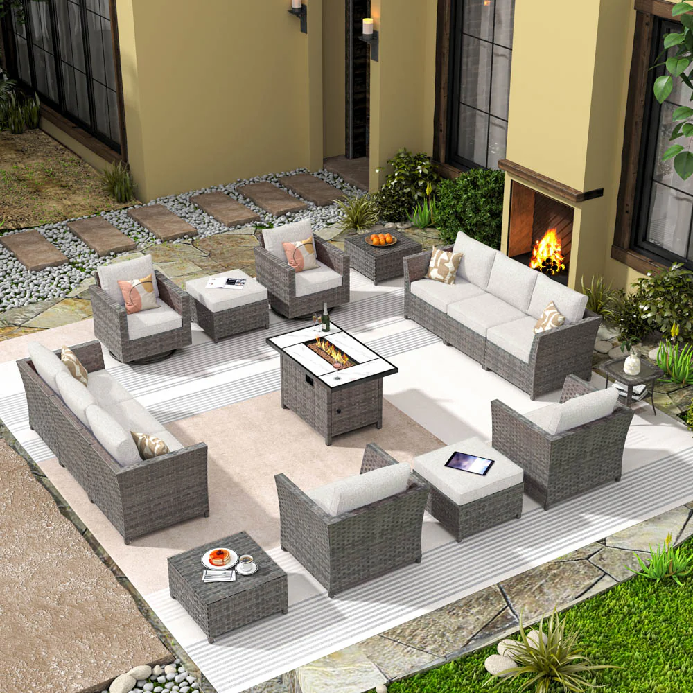 Ovios New Rimaru Series Patio Furniture Set 15-Piece include Swivel Chairs and 42