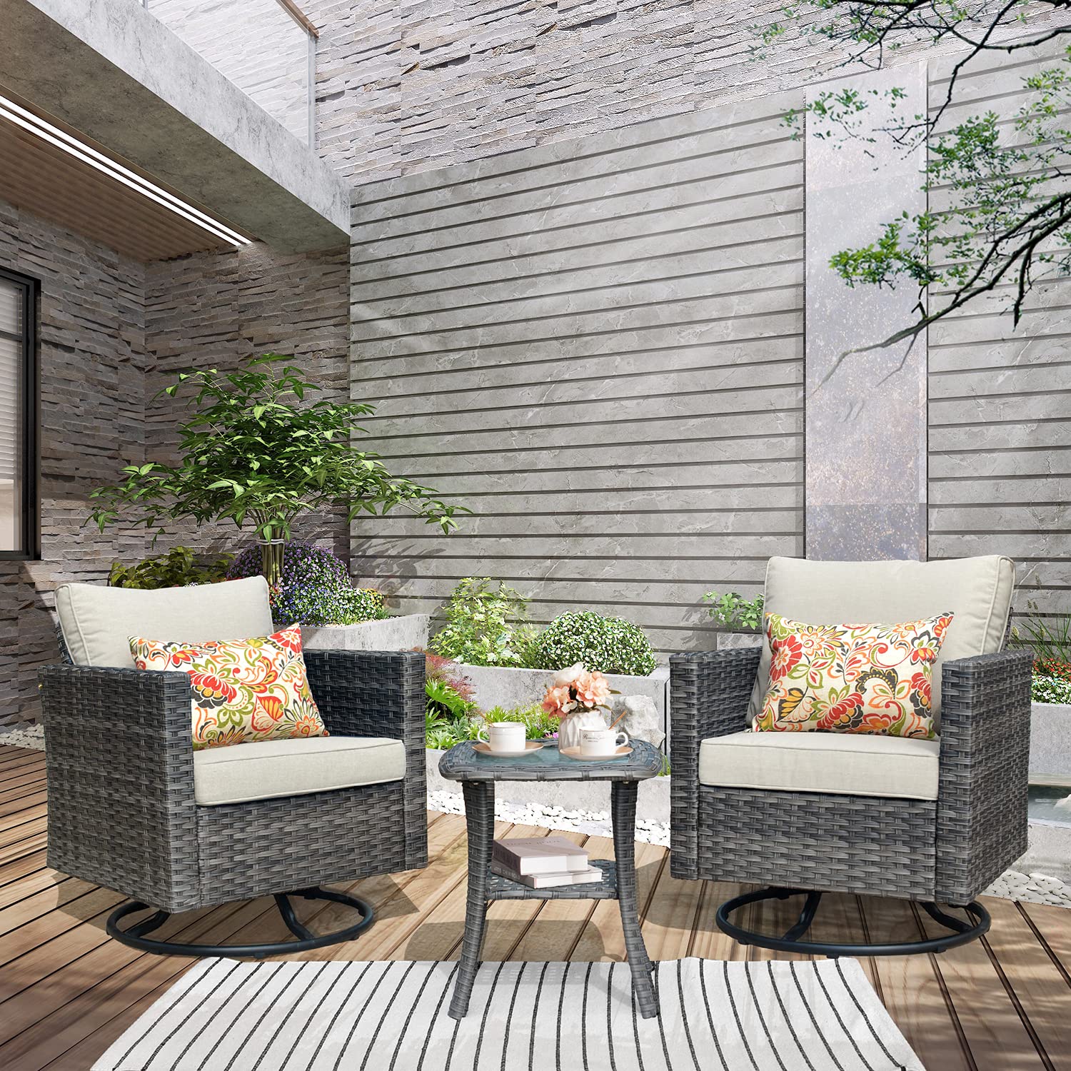 Ovios Patio Furniture 3-Piece Set with Swivel Chairs and Table Square Shape Armrest