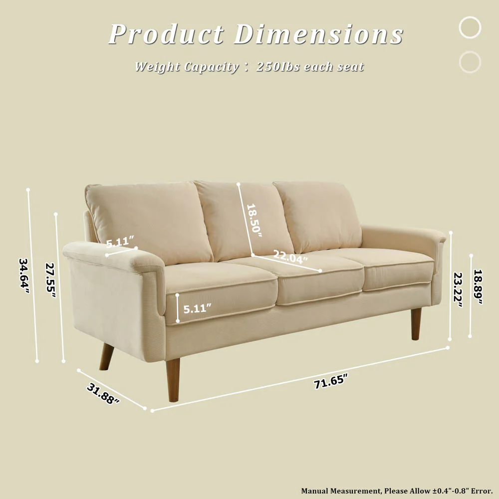 Ovios Living Room 71.65'' Wide 3-Seats Sofa Multiple Colour