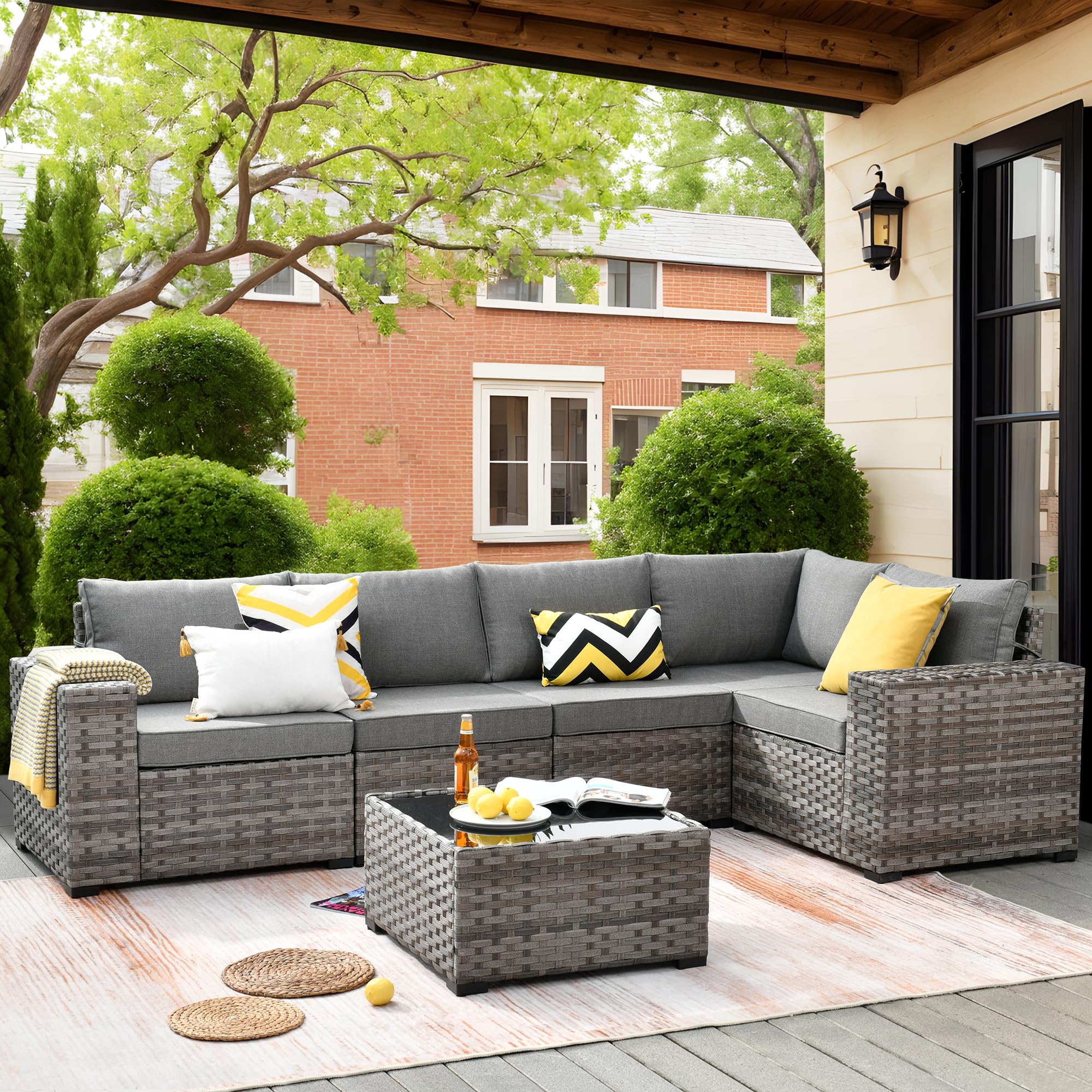 Ovios 6 Pieces Outdoor Sectional Sofa with 7.68'' Broad Handrails