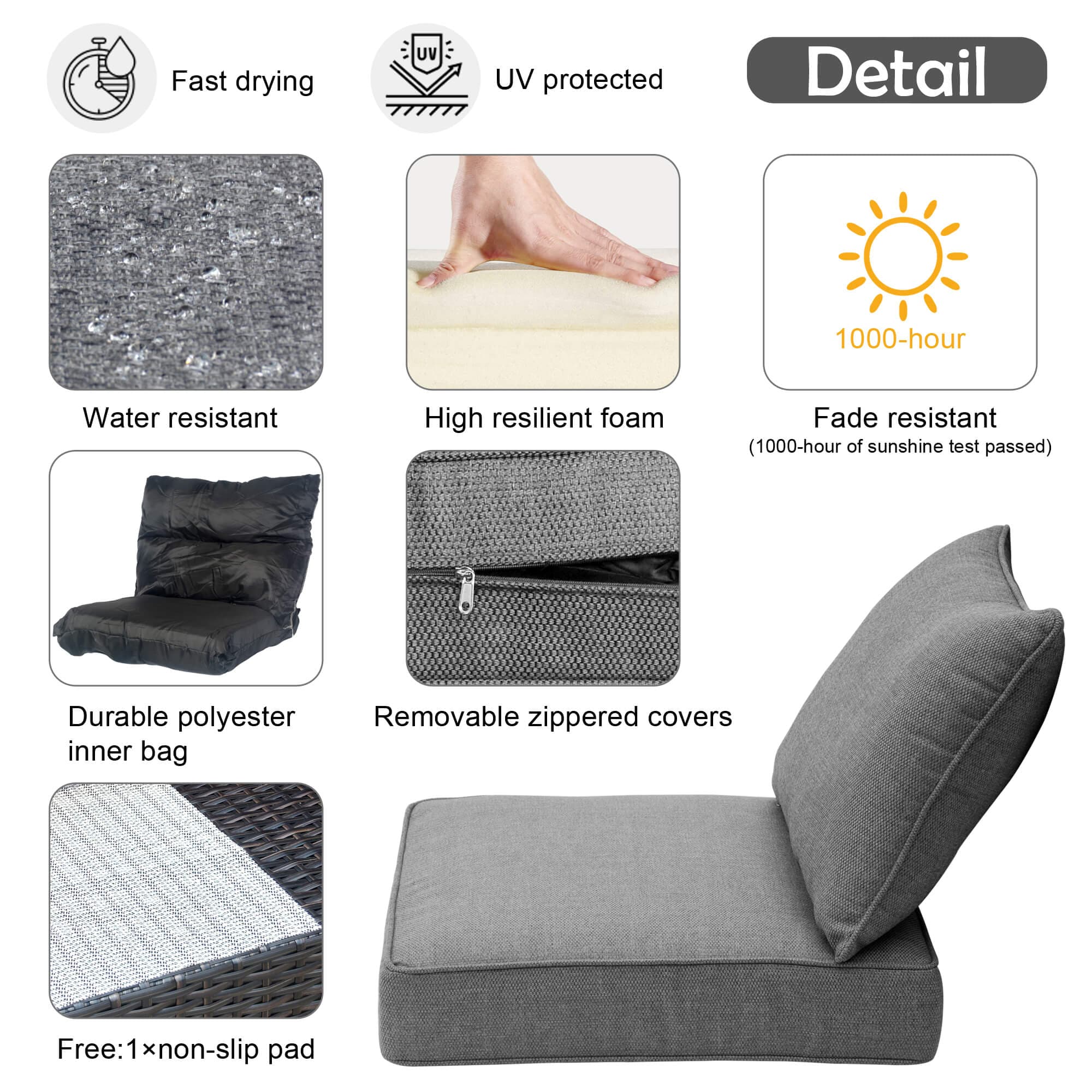 Ovios Replacement Seat Back Cushions Set with Olefin Fabric and Zipper, 24'' x 24'', Not Suitable for Ovios Patio Furniture