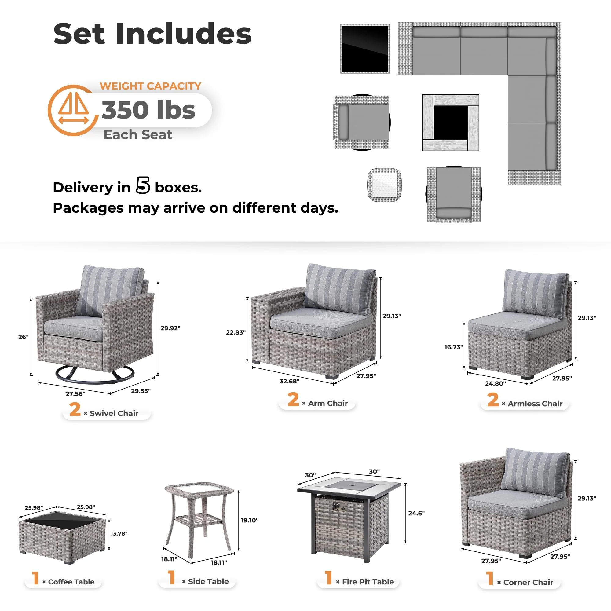 Ovios 10 Pieces Patio Furniture with 7.68'' Handrails and 30'' Fire Pit Table Rocking Chair