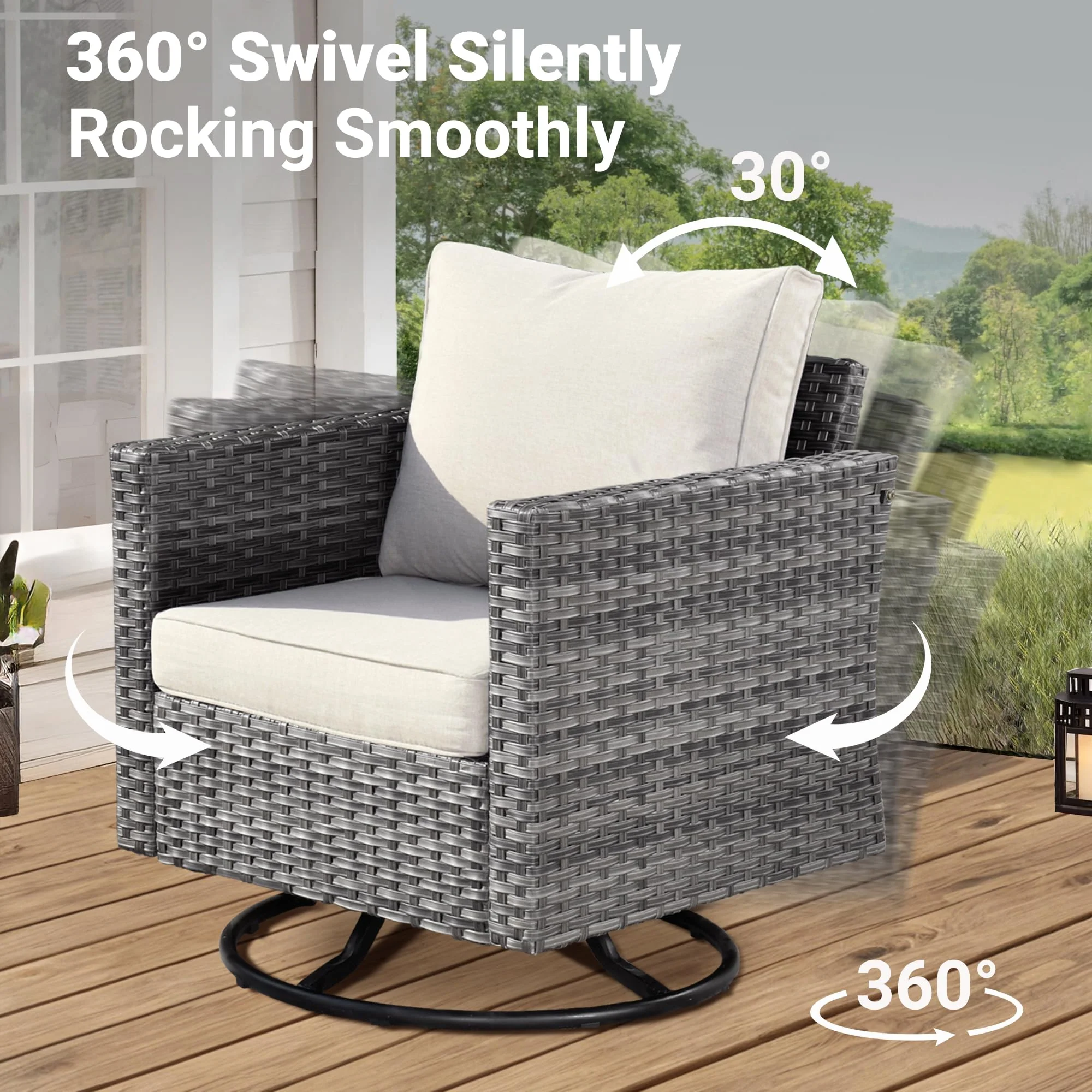 Ovios Patio Furniture 3-Piece Set with Swivel Chairs and Table Square Shape Armrest