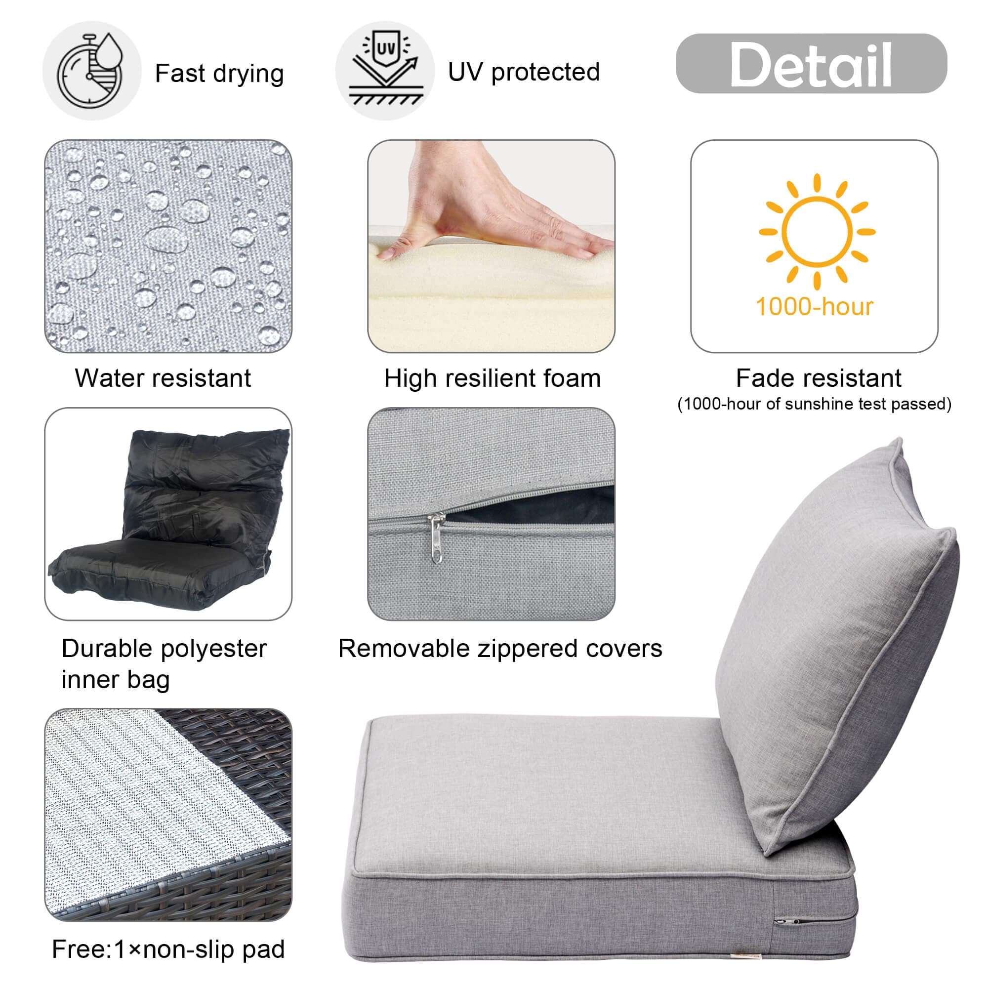Ovios Replacement Seat Back Cushions Set with Olefin Fabric and Zipper, 24'' x 24'', Not Suitable for Ovios Patio Furniture