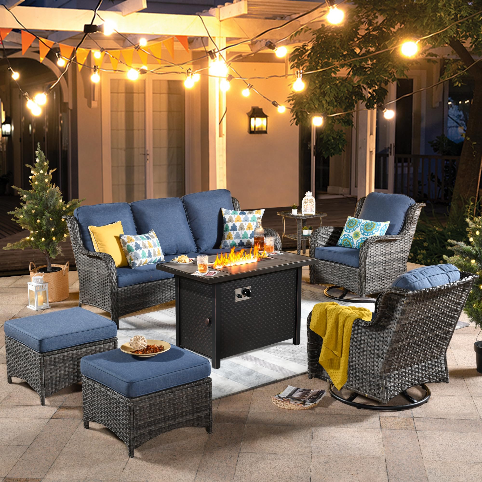 Ovios Outdoor Furniture 7-Piece with 42'' Fire Pit Table and Kenard 2 Rocking Chairs