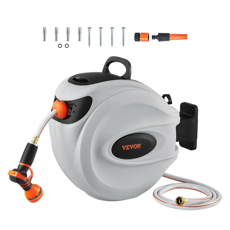 Retractable Hose Reel, Max 130 FT Garden Water Hose Reel with 9-Pattern Nozzle, 180° Swivel Bracket Wall-Mounted, Automatic Rewind, Lock at Any Length, with Slow Return System FathersDayGift