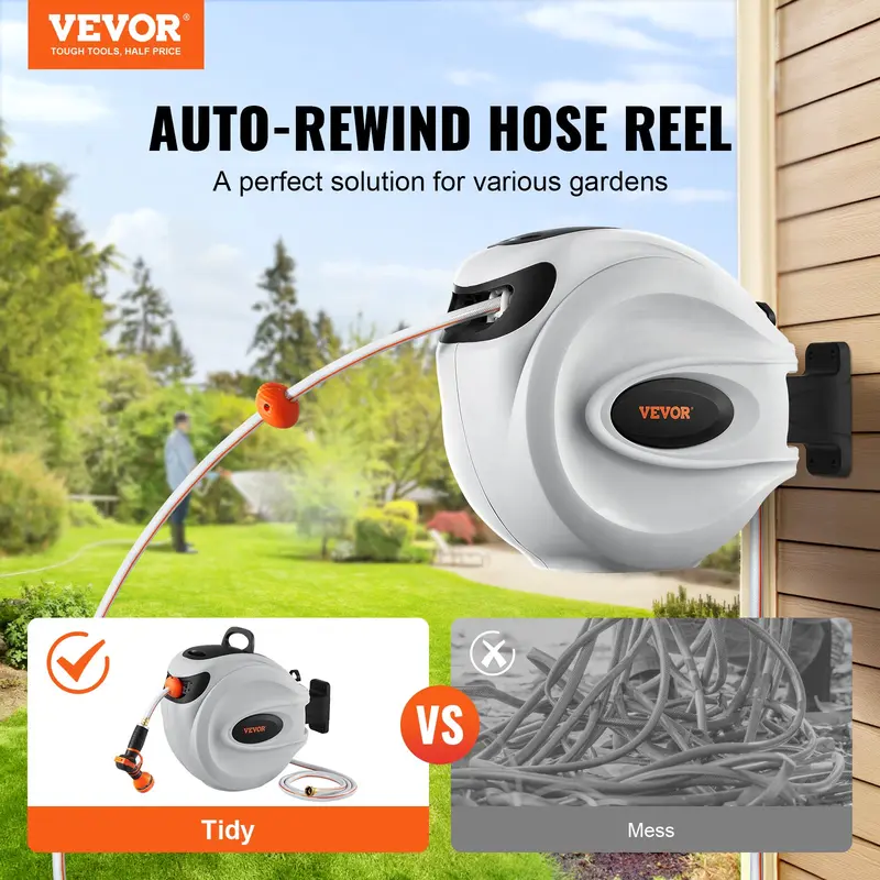 Retractable Hose Reel, Max 130 FT Garden Water Hose Reel with 9-Pattern Nozzle, 180° Swivel Bracket Wall-Mounted, Automatic Rewind, Lock at Any Length, with Slow Return System FathersDayGift