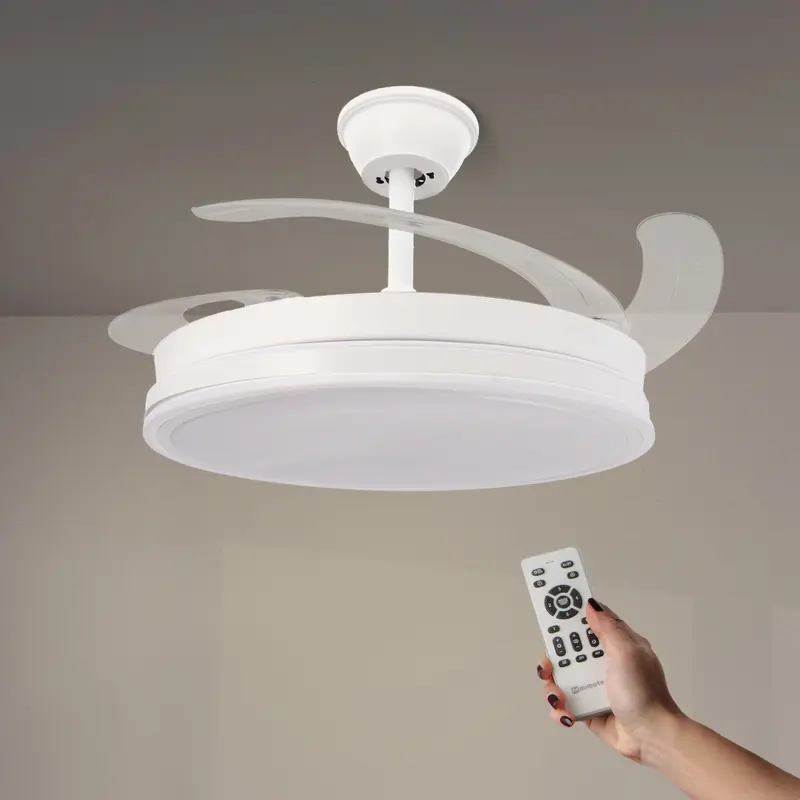 Ventilador De Techo Con Luz Led En Techo Dc Led Atenuable Retractil 4 Aspas Blanco 107 D- Opción Sin Pitido, Temporizador, Control Invierno Verano, 3 Tonos, Modo Brisa, Bajo Consumo