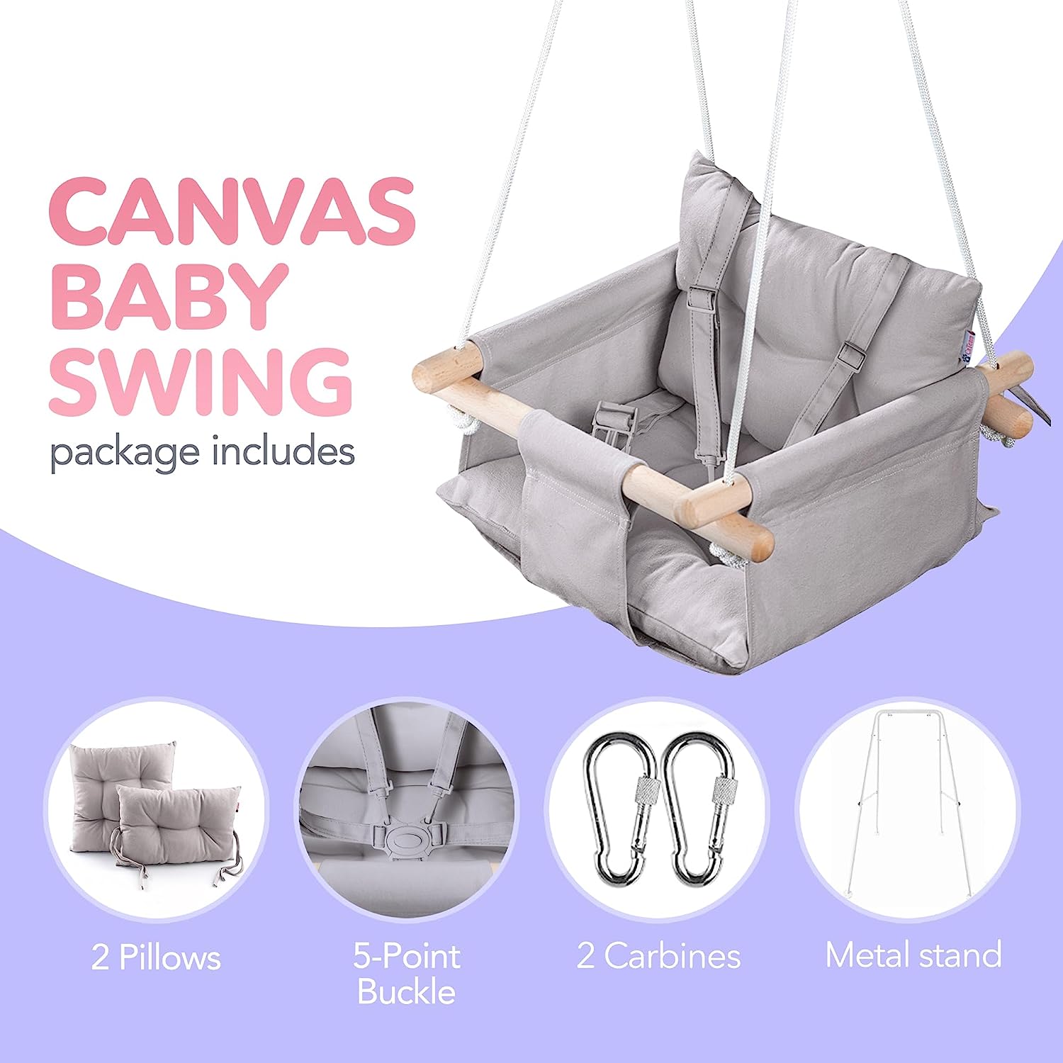 Canvas Baby Swing, Wooden Hanging Swing Seat Chair with Safety Belt, Durable Baby Hammock Chair, Outdoor and Indoor Swing for Kids, Mounting Hardware Included, Ivory
