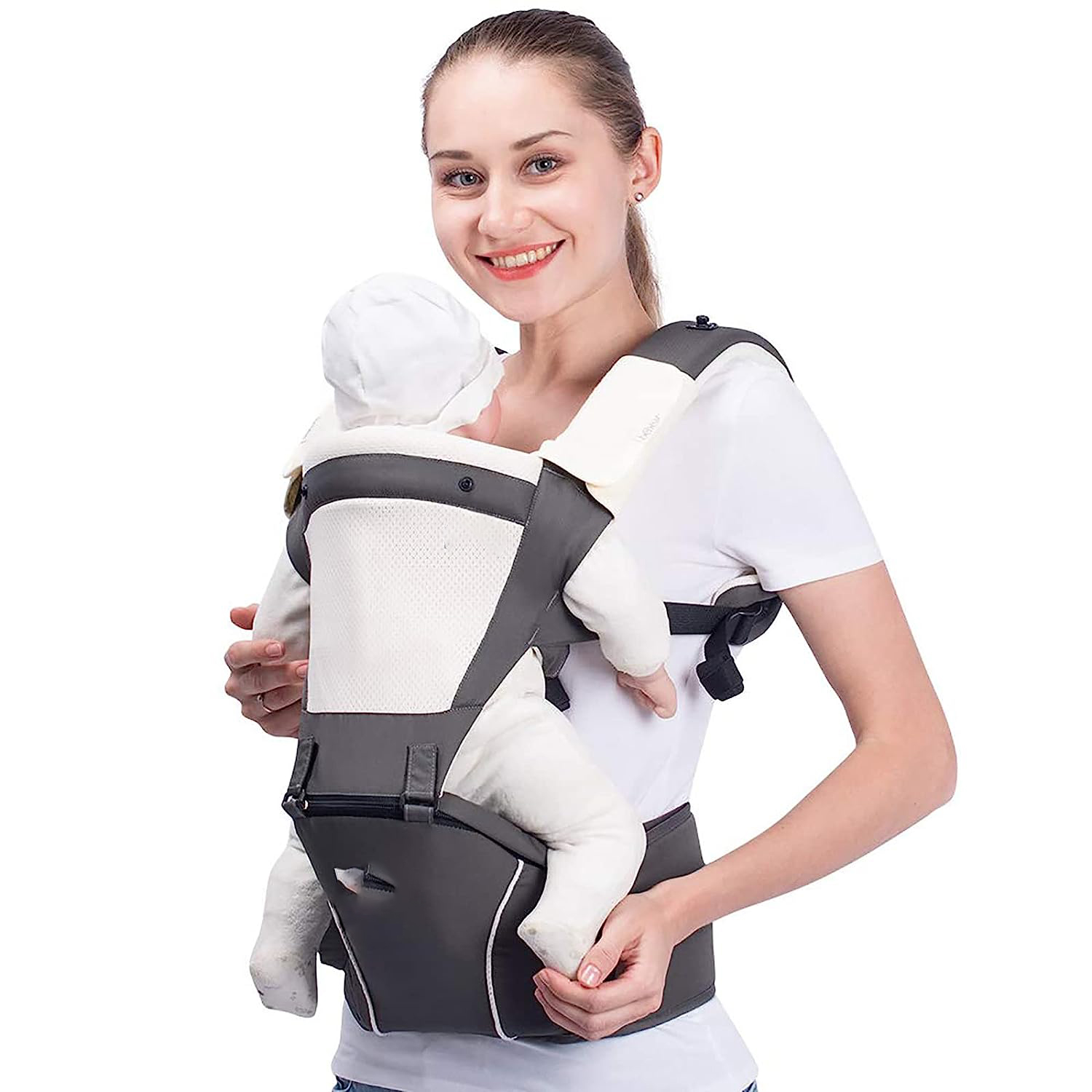 Baby Carrier Newborn to Toddler Baby Hip Carrier with Head Hood,Waist Extender & 3 Pieces Teething Pads (Grey)