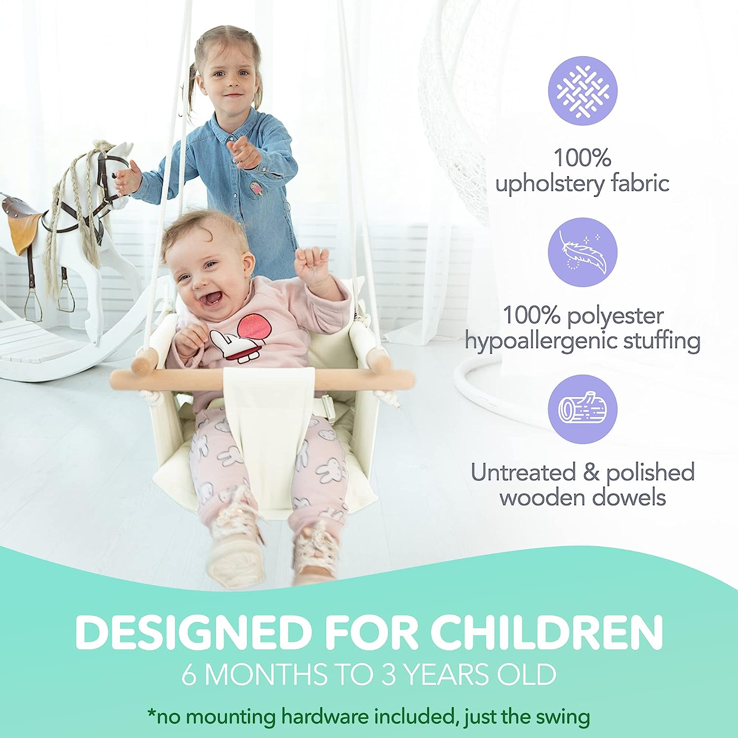 Canvas Baby Swing, Wooden Hanging Swing Seat Chair with Safety Belt, Durable Baby Hammock Chair, Outdoor and Indoor Swing for Kids, Mounting Hardware Included, Ivory